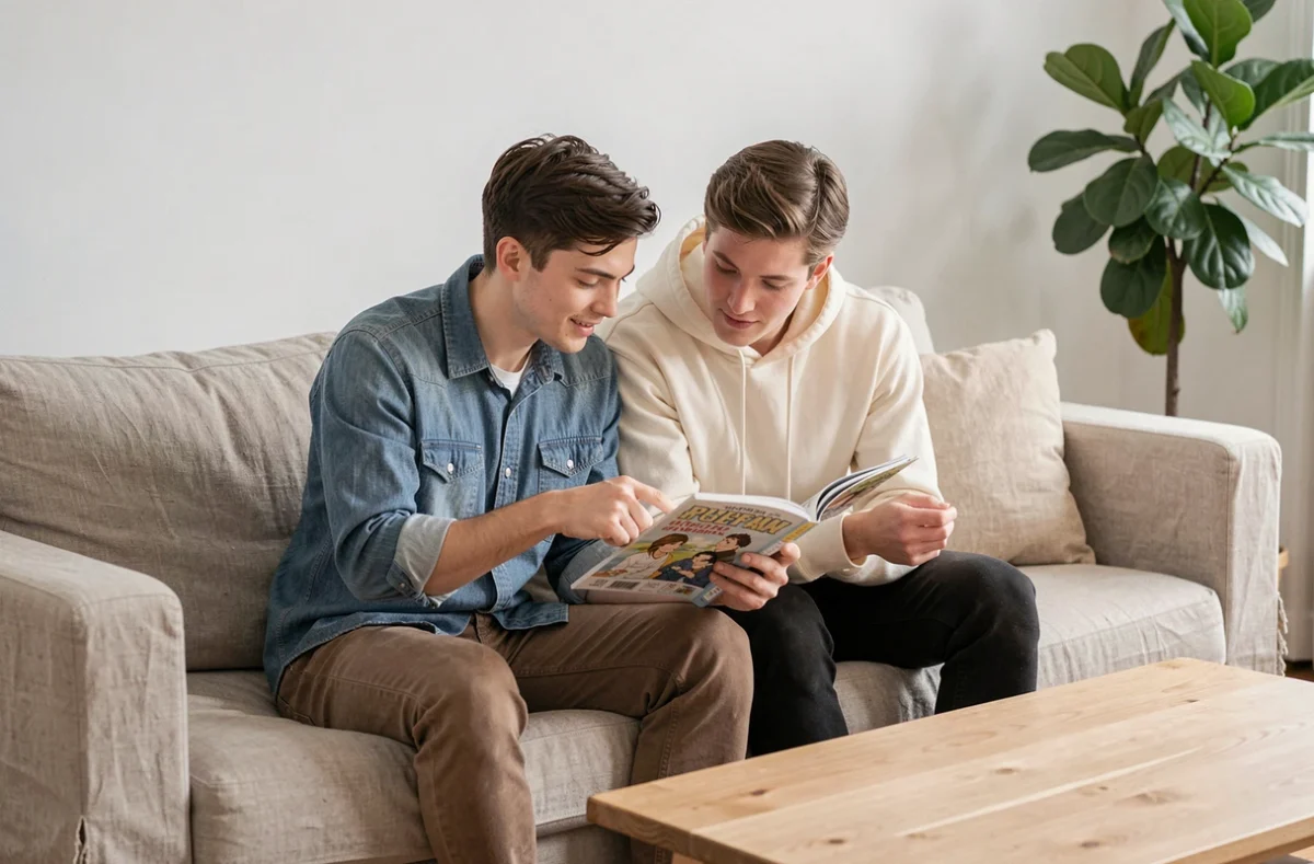 Deux amis partageant la lecture d'un manga yaoi romantique sur un canapé dans un appartement moderne et épuré
