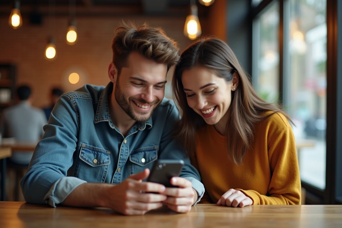 Deux amis consultant ensemble les sauvegardes et progrès du jeu Snoki dans un café