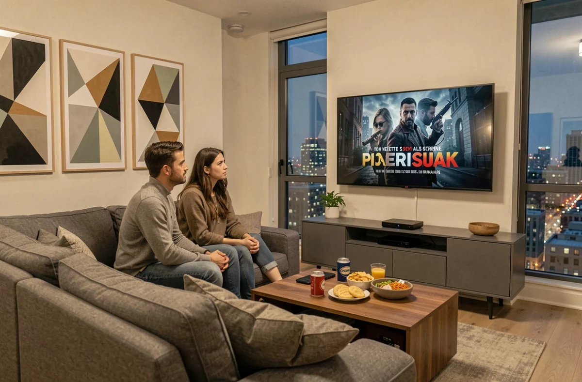 Deux amis regardant ensemble une série Netflix dans un salon moderne, ambiance soirée cinéma à domicile