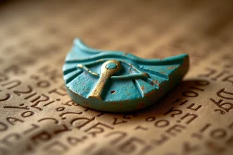 Amulette œil d'Horus en faïence turquoise ancienne posée sur tissu de lin, détail macro d'un talisman égyptien
