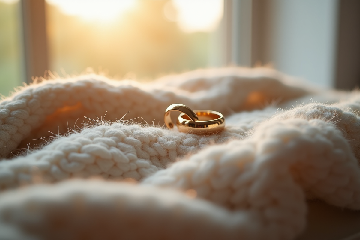 Anneaux de mariage sur tissu en laine douce