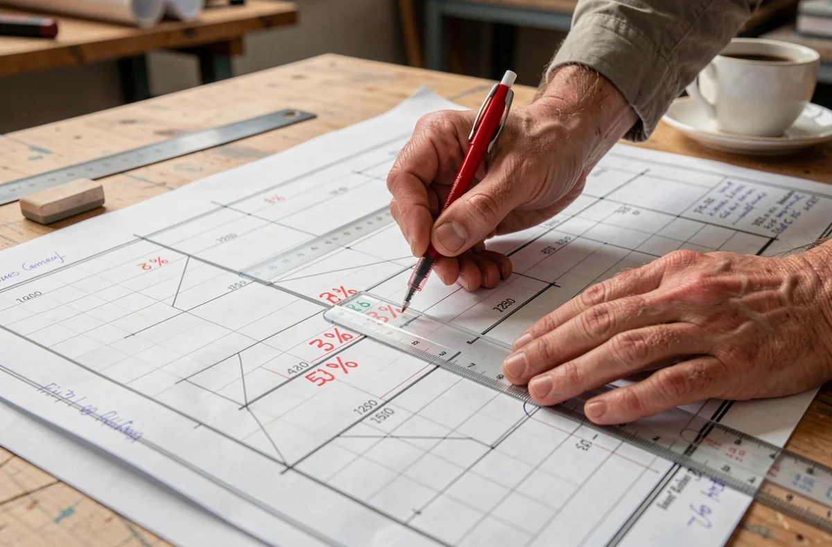 Mains d'un architecte annotant des pourcentages de pente sur un plan de construction avec une règle et un stylo rouge