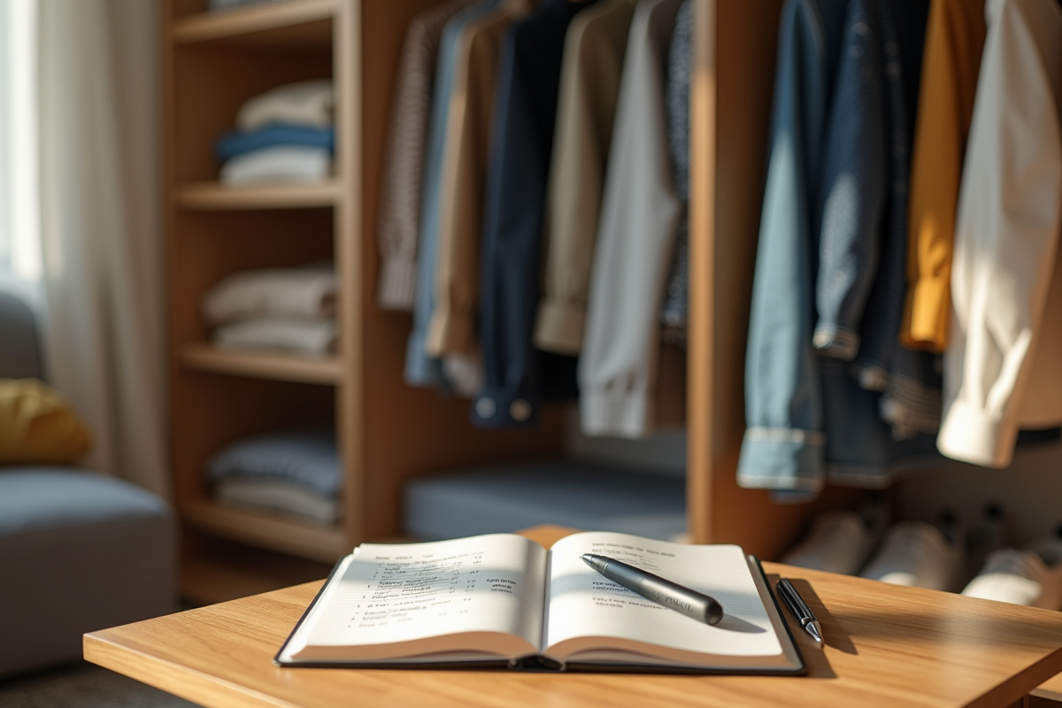 Armoire avec vêtements et carnet de budget à la maison