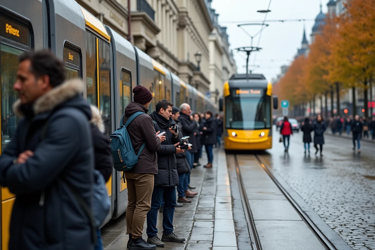 Arrêt de tramway ligne 2 Nantes avec des voyageurs sur le quai en heure de pointe