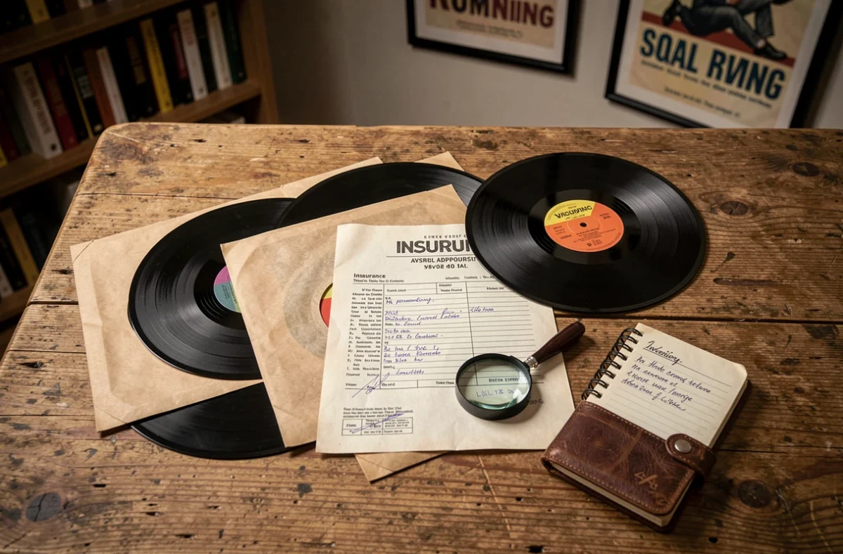 Vue de dessus d'une table avec des disques 78 tours, un document d'assurance et un carnet d'inventaire manuscrit pour la gestion d'une collection