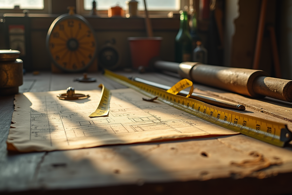 Ancien établi avec ruban jaune et plans vintage en pouces