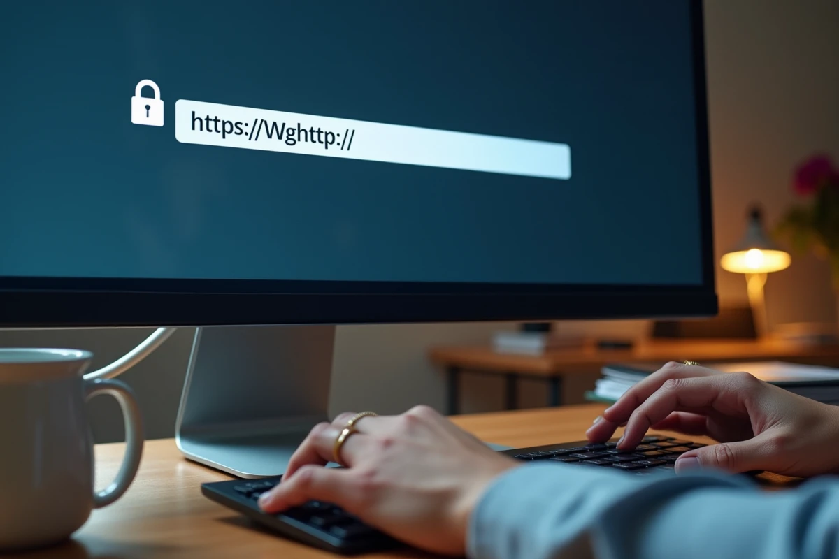 Gros plan sur la barre d'adresse d'un navigateur avec un cadenas HTTPS et des mains sur un clavier
