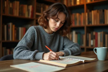 Bêta-lectrice annotant un manuscrit avec des commentaires en rouge à son bureau en bois, expression concentrée et critique