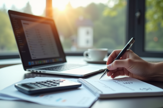 Bureau moderne avec calculatrice de salaire et café