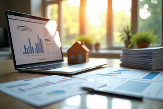 Bureau moderne avec documents financiers et graphique croissance