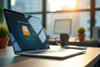 Bureau moderne avec écran affichant webmail lumineux