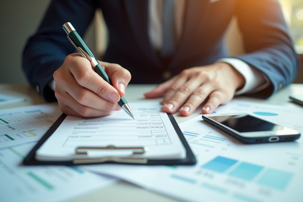 Professionnel calculant les deductions salariales avec un carnet