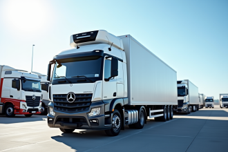 Camion frigorifique moderne dans un centre logistique en journée
