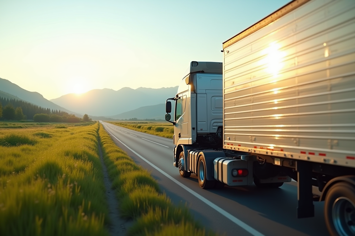Camion frigorifique sur une route de campagne au lever du soleil