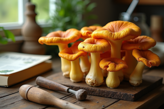 Groupe de chanterelles fraîches sur une table en bois rustique