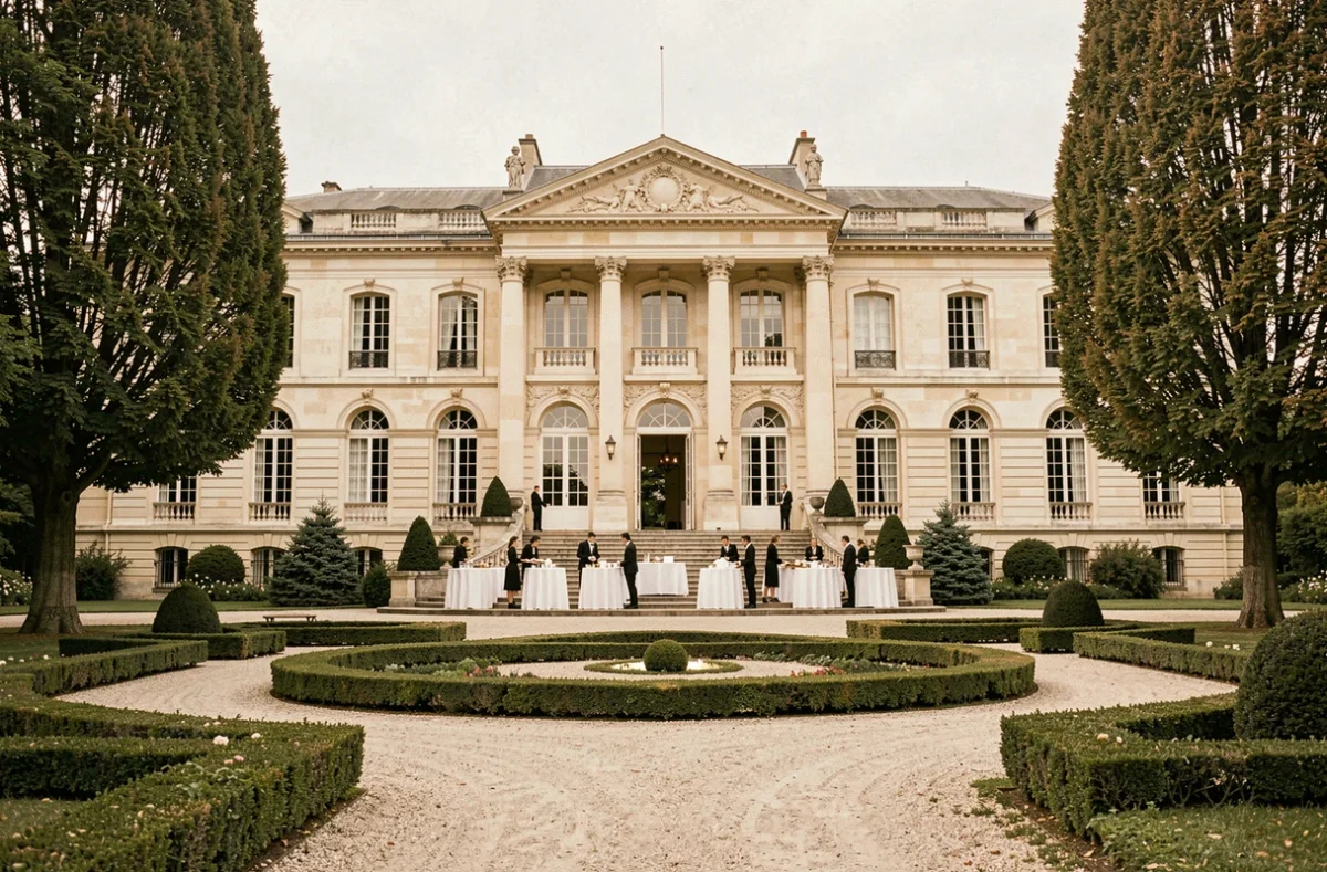 Façade du Château de Malmaison à Rueil-Malmaison avec terrasse préparée pour une réception historique