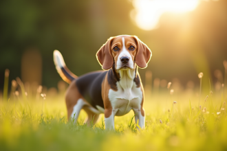 Beagle debout dans une prairie ensoleillee