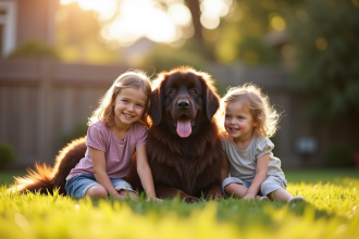 Chien Newfoundland avec enfants dans le jardin ensoleille