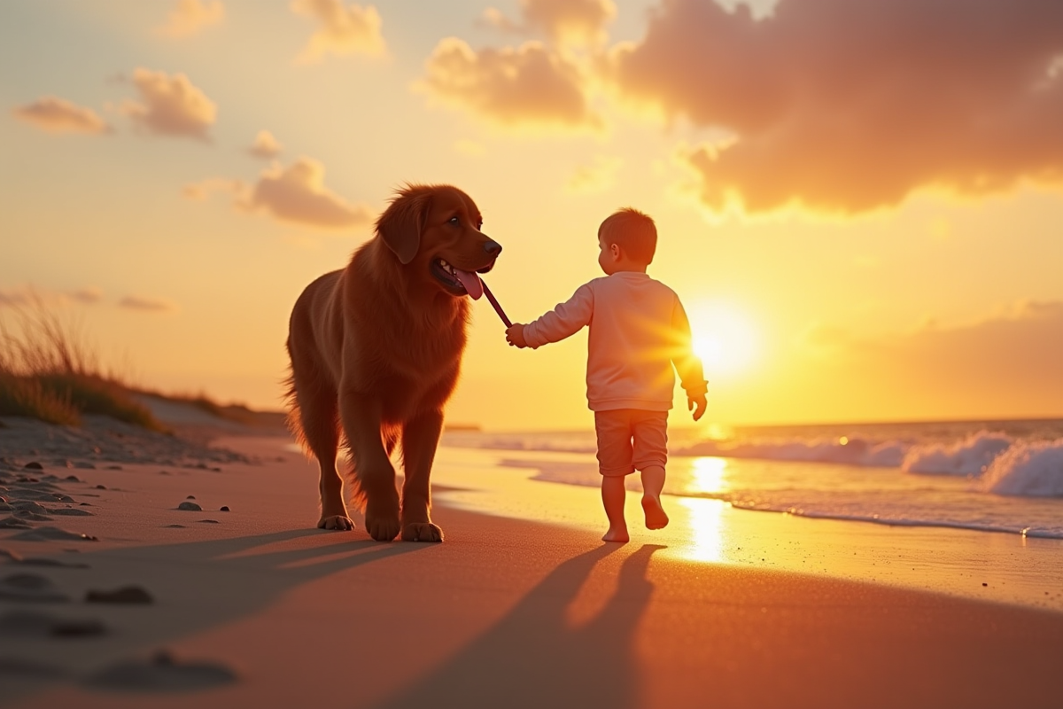 Chien Newfoundland et enfant marchant sur la plage au coucher du soleil