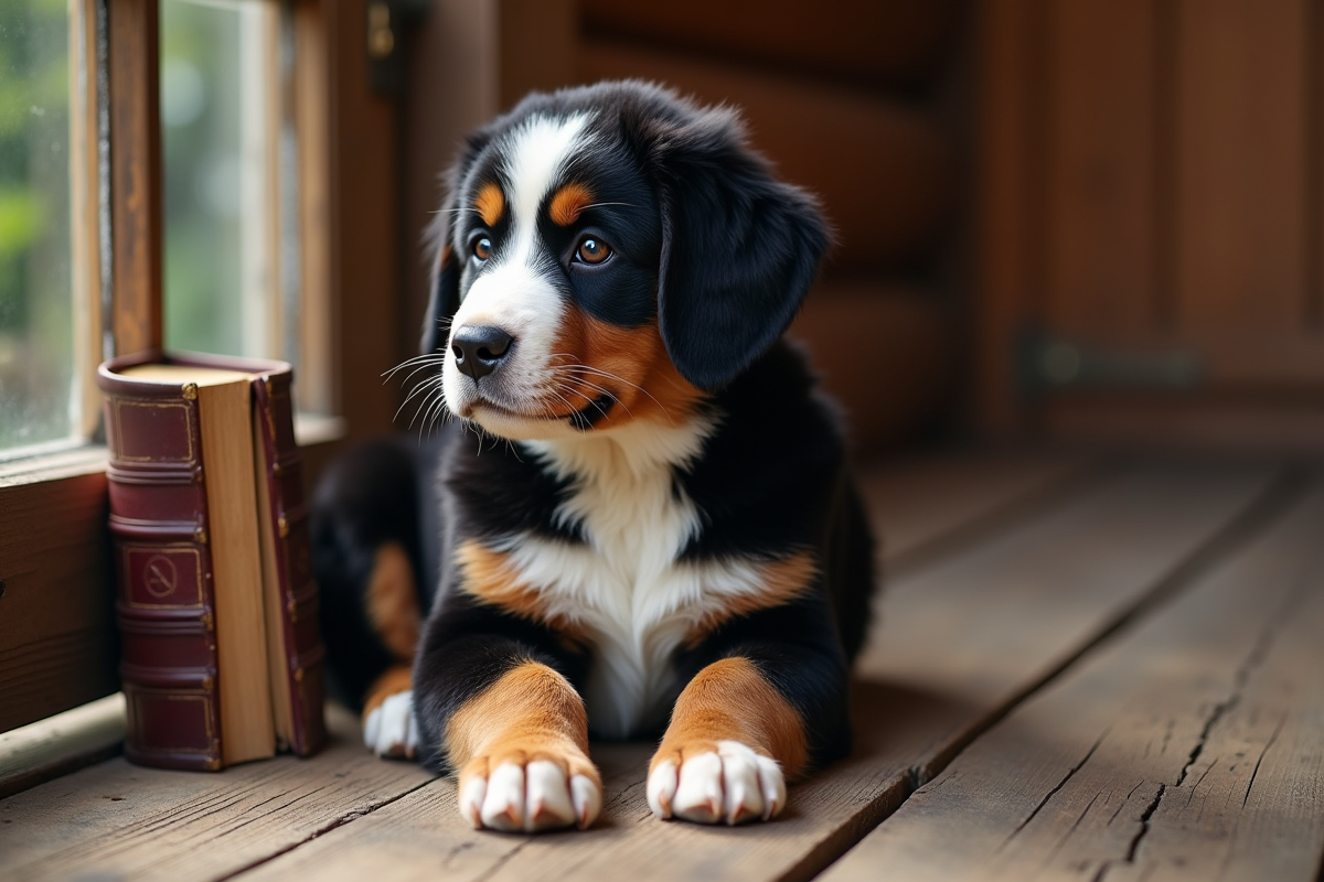 Chiot berger bernois assis sur un porche en bois avec un livre ancien