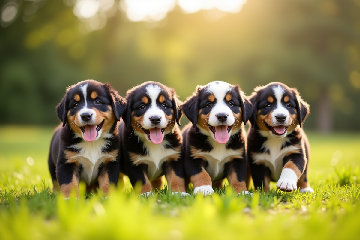 Groupe de chiots berger bernois dans une prairie ensoleillee