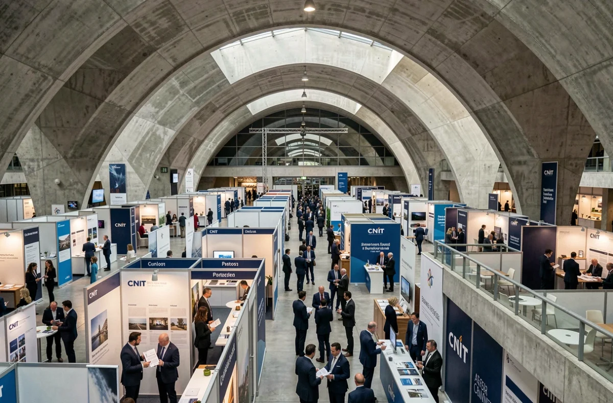 Immense atrium du CNIT à Puteaux La Défense lors d'un grand événement d'entreprise avec stands et professionnels