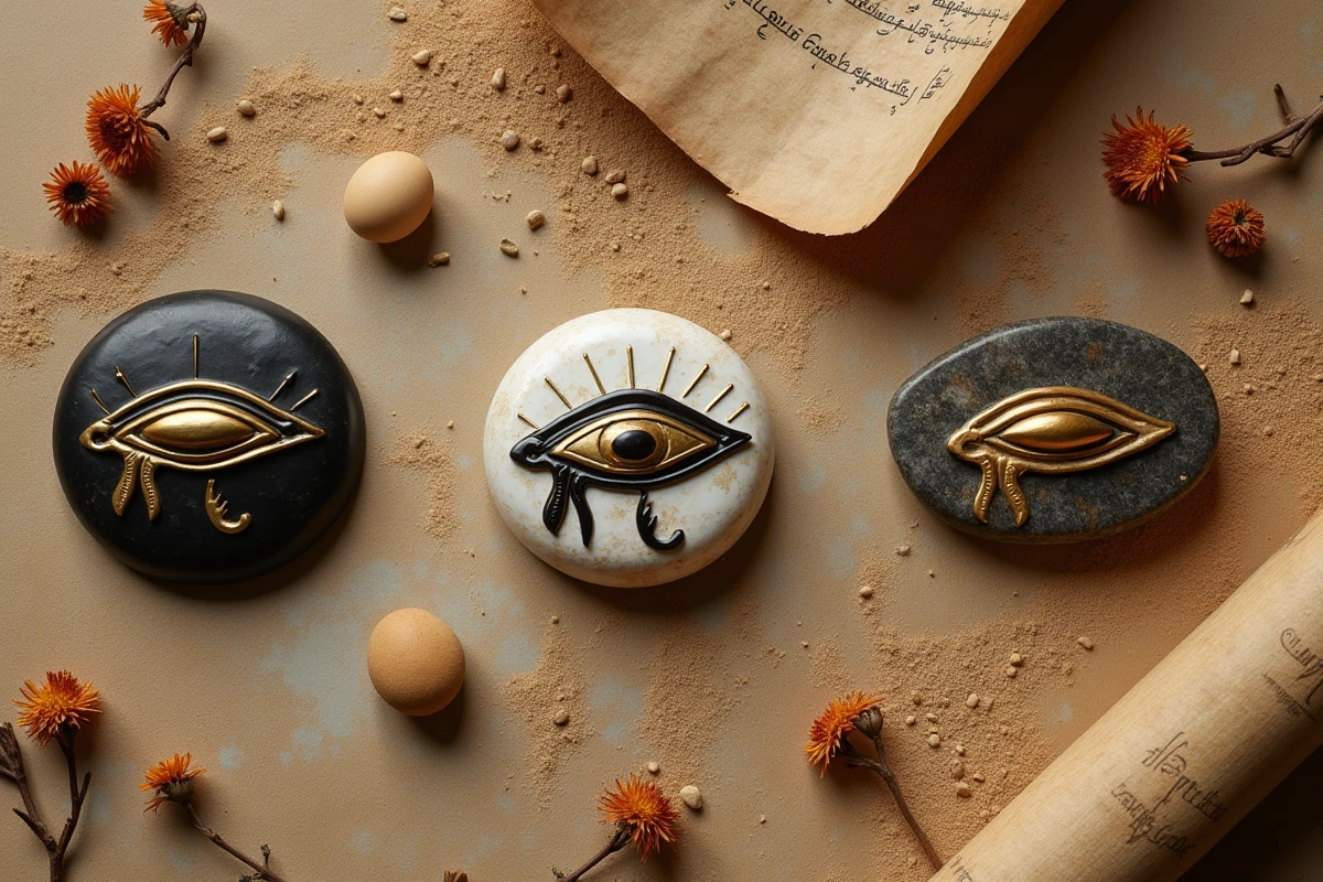 Assortiment de talismans œil d'Horus en obsidienne, laiton et céramique disposés sur pierre ancienne avec papyrus et fleurs séchées