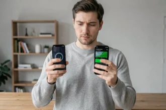 Homme comparant deux modèles d'iPhone tenus côte à côte dans un bureau minimaliste