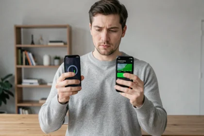 Homme comparant deux modèles d'iPhone tenus côte à côte dans un bureau minimaliste