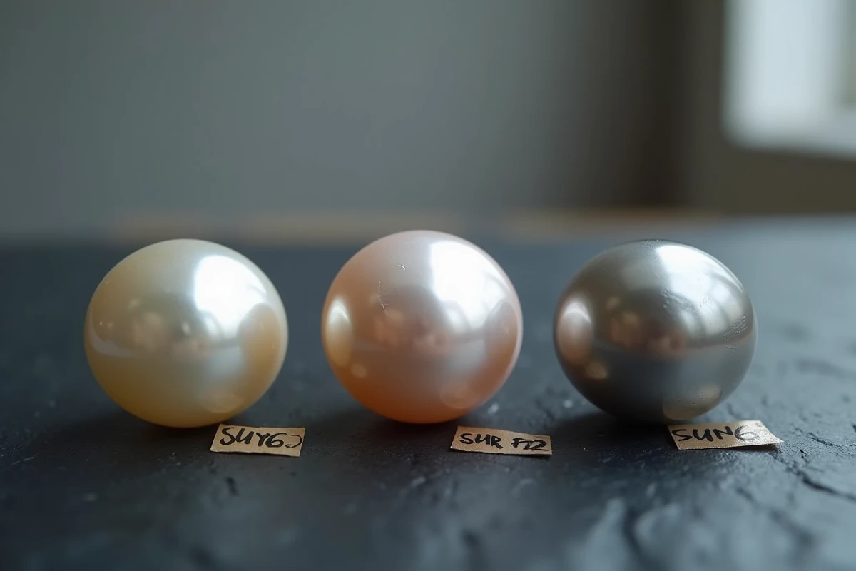 Comparaison de trois perles d'huître de qualités et prix différents posées sur une ardoise sombre avec des étiquettes de prix manuscrites