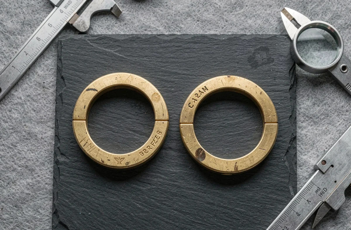 Comparaison de poinçons sur deux bracelets en or, poinçon français et poinçon étranger côte à côte sur ardoise
