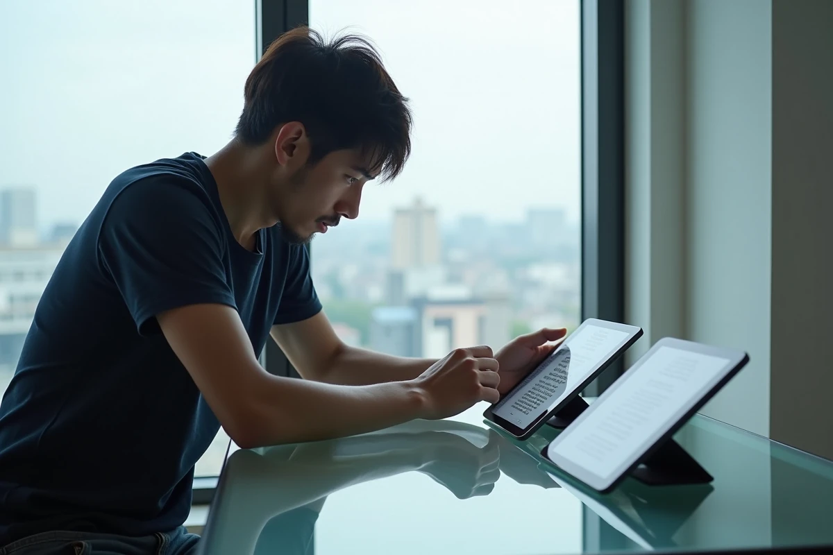 Homme comparant la qualité de traduction et de scan de deux versions de manga sur des tablettes numériques posées sur un bureau en verre dans un appartement moderne