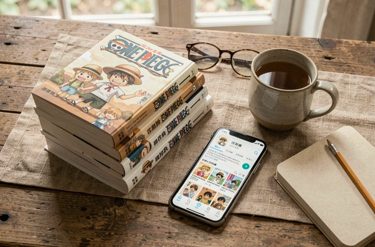 Comparaison entre tomes reliés de One Piece et lecture de scans sur smartphone posés sur une table en bois rustique