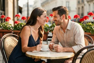Couple heureux partageant un moment complice en terrasse de café, illustrant la compatibilité amoureuse du signe astrologique du 12 juillet