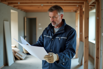 Consultant en energie examine des plans dans un appartement en rénovation