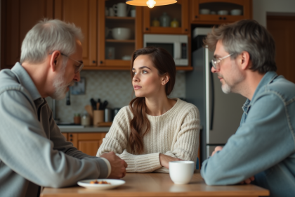 Jeune femme en famille dans une cuisine chaleureuse