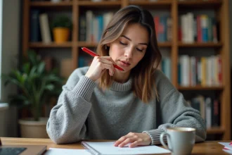 Femme corrigeant ses fautes d'orthographe dans un carnet avec un stylo rouge à son bureau