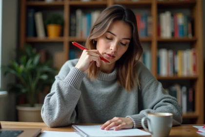 Femme corrigeant ses fautes d'orthographe dans un carnet avec un stylo rouge à son bureau