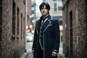 Cosplayeur masculin en uniforme anime inspiré des husbandos sous-cotés, dans une ruelle urbaine avec atmosphère douce et profondeur de champ crémeuse