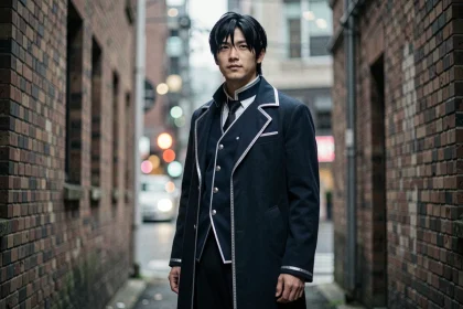 Cosplayeur masculin en uniforme anime inspiré des husbandos sous-cotés, dans une ruelle urbaine avec atmosphère douce et profondeur de champ crémeuse