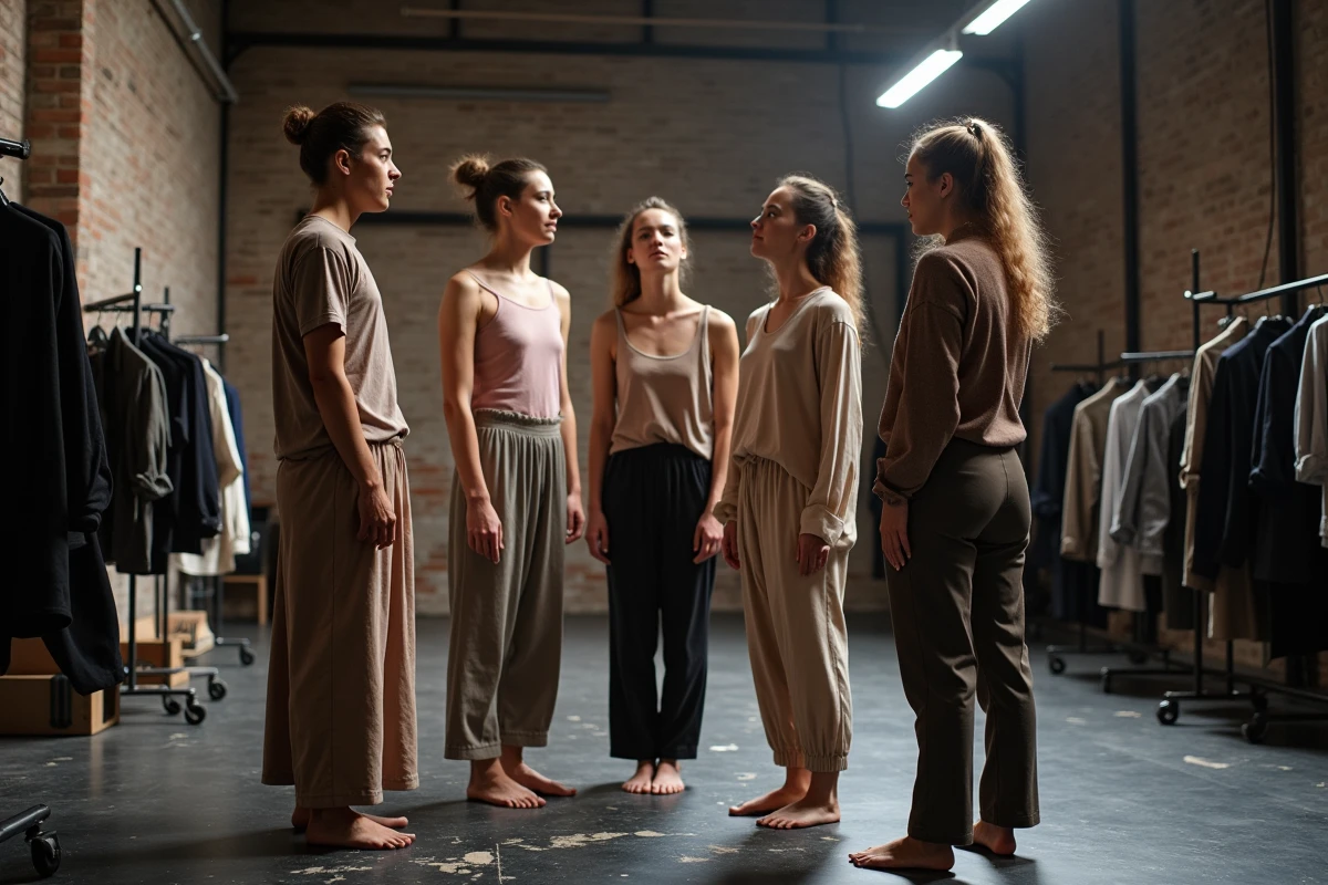 Coulisses du festival Pharenheit au Havre, groupe de danseurs contemporains en discussion après la représentation, atmosphère authentique de théâtre