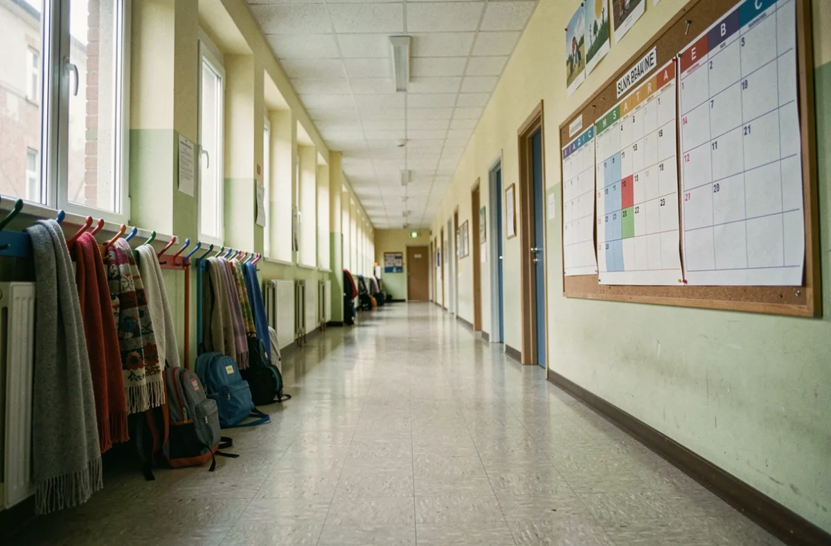 Couloir d'école primaire française avec tableau d'affichage du calendrier scolaire zonal 2026