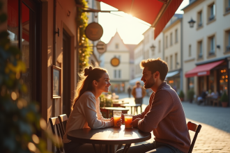 Jeune couple au café dans le vieux Lille en après-midi