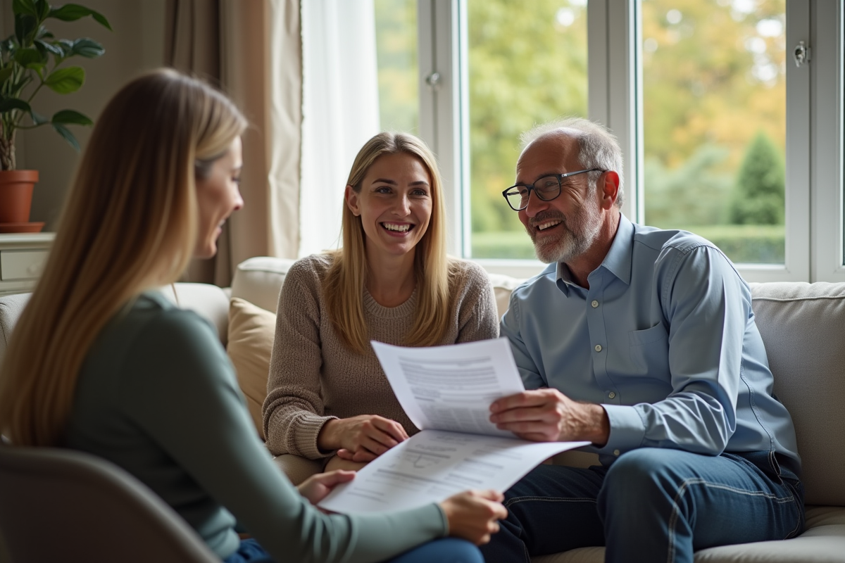 Couple souriant avec conseiller financier dans leur salon