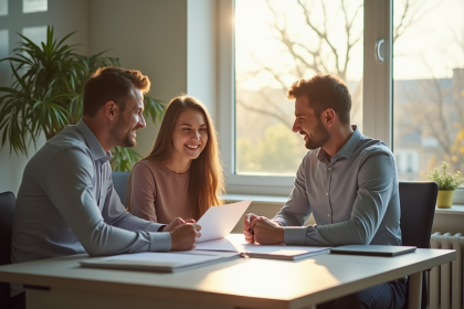 Jeune couple discutant avec un conseiller immobilier dans un bureau lumineux