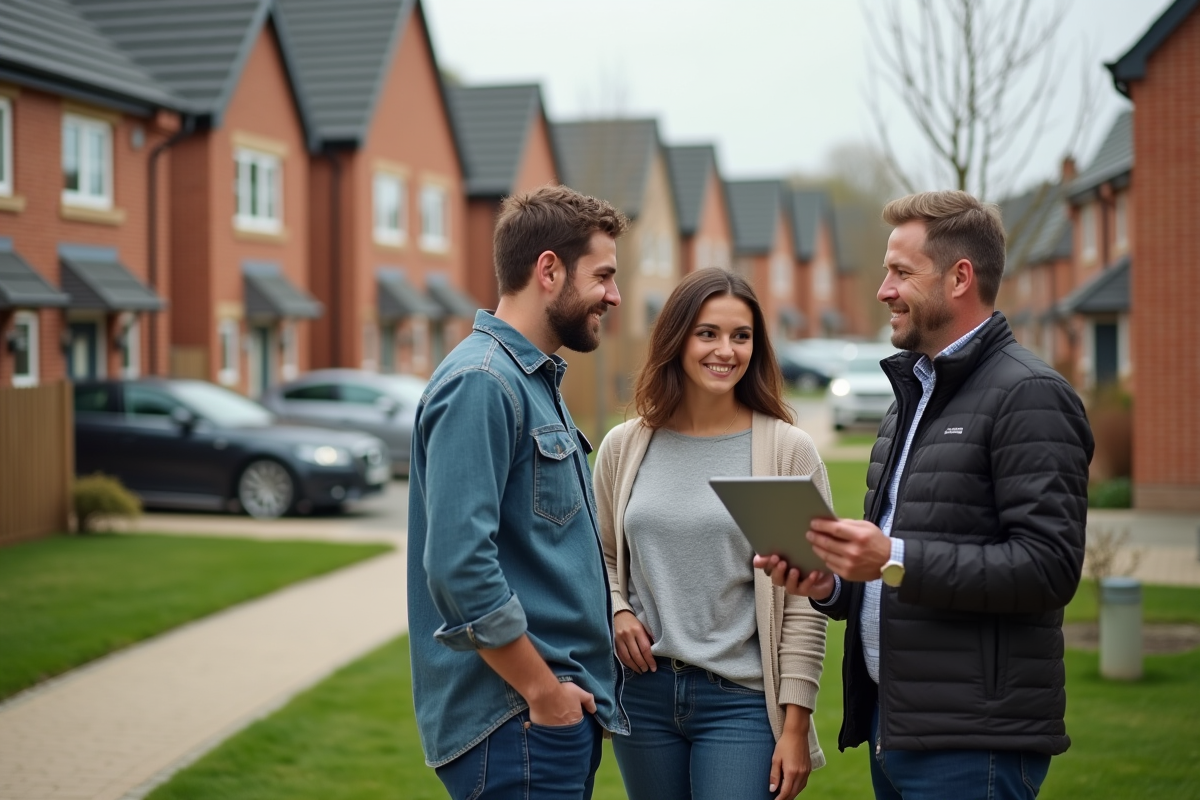 Jeune couple discutant avec un conseiller immobilier devant une maison
