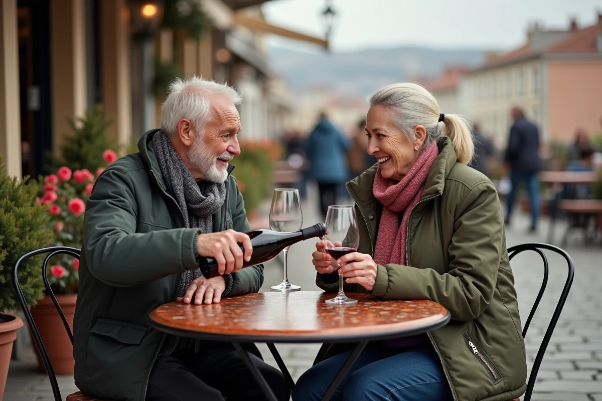 Couple âgé partageant un verre à la guinguette urbaine