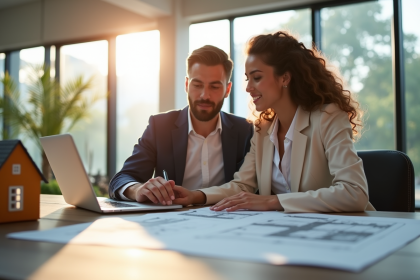 Couple professionnel examinant des documents immobiliers dans un bureau lumineux