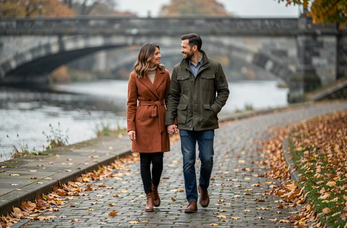 Couple se promenant main dans la main en automne, symbolisant l'harmonie et la compatibilité amoureuse entre signes astrologiques