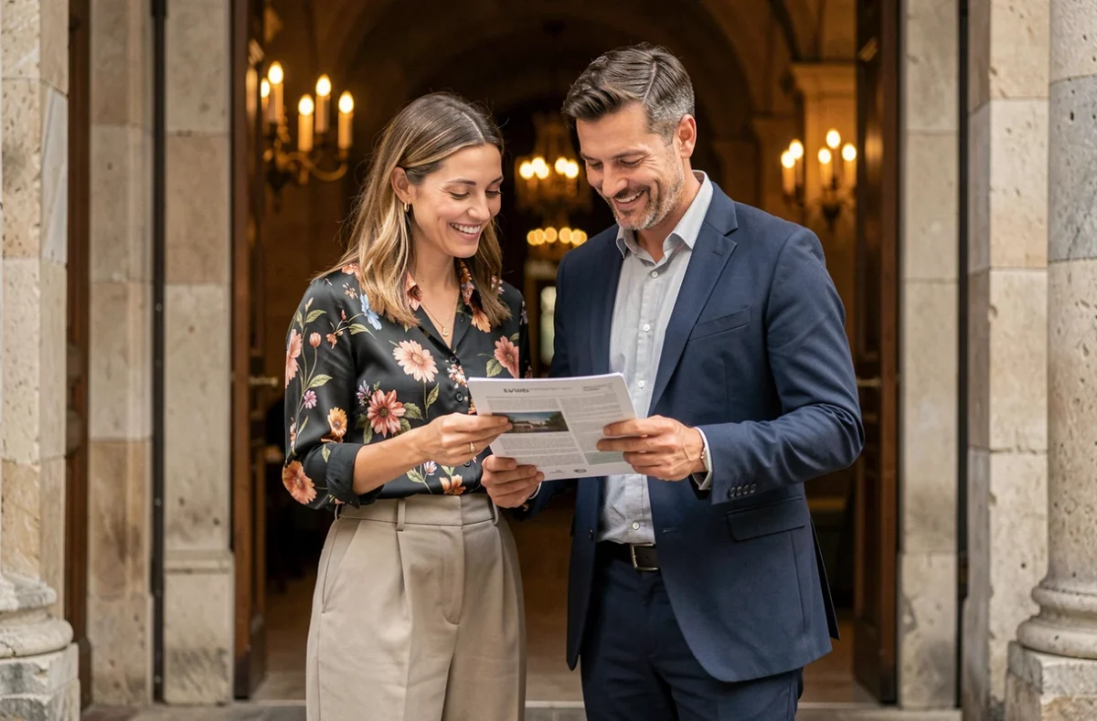 Couple habillé avec élégance à l'entrée d'une salle de concert pour la soirée Candlelight 2026 à Lyon